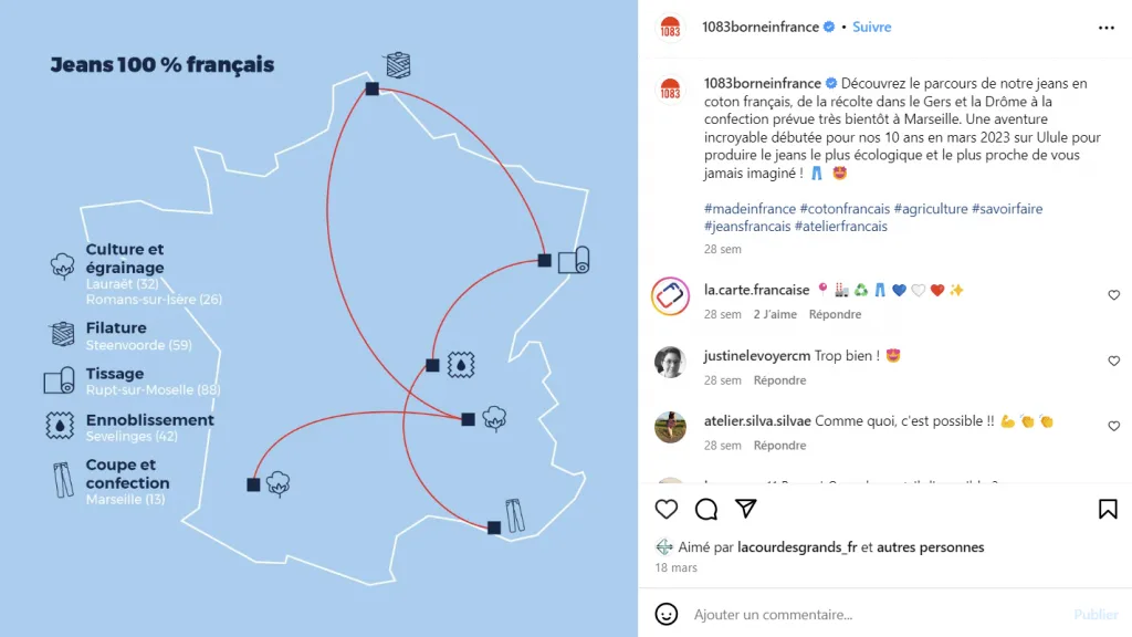 Exemple de post Instagram par 1083 Borne In France pour promouvoir un commerce local et mettre en avant le parcours de conception d'un produits