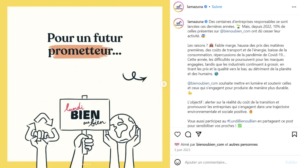 Exemple de post Instagram par Lamazuna pour promouvoir un commerce local et aborder les défis économiques des entreprises