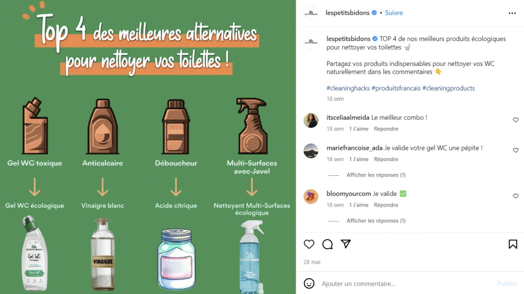 Exemple de post Instagram par Les Petits Bidons pour promouvoir un commerce local et proposer des guides pratiques pour utiliser les produits