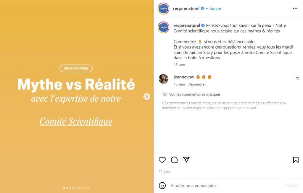 Exemple de post Instagram par la marque Respire pour promouvoir un commerce local et mettre en avant son expertise
